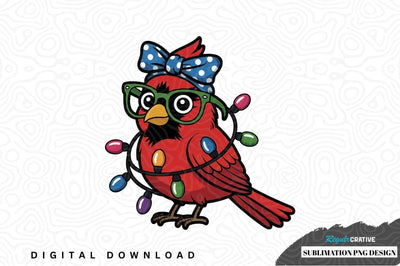 Cute cardinal bird with glasses and christmas lights png design Sublimation Regulrcrative 