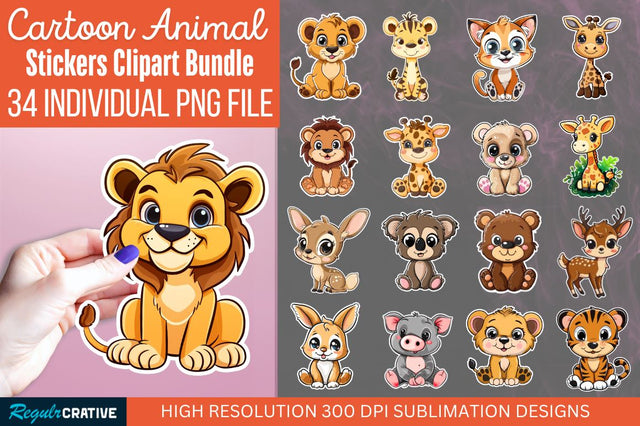 Cute Cartoon Animal Sticker Clipart Bundle Sublimation Regulrcrative 