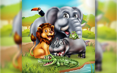 Cute Cartoon Animals Posing safari scene with an elephant, lion, hippopotamus, crocodile, and frog. This beautiful illustration for children SVG naemmiah021 