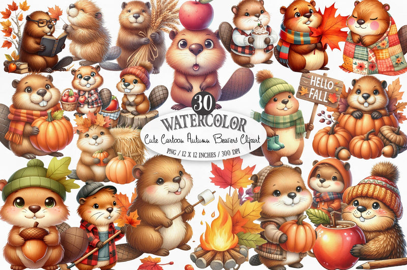 Cute Cartoon Autumn Beavers Clipart Sublimation SVGista 