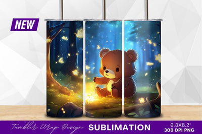 Cute cartoon bear with fireflies forest scene Sublimation Regulrcrative 