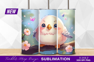 Cute cartoon bird on branch with flowers Sublimation Regulrcrative 