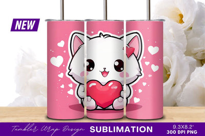 Cute Cartoon Cat Holding Red Heart Shape Sublimation Regulrcrative 