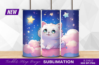 Cute cartoon cat on pink cloud scene Sublimation Regulrcrative 