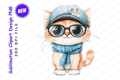 Cute Cartoon Cat With Glasses And Scarf Sublimation Regulrcrative 