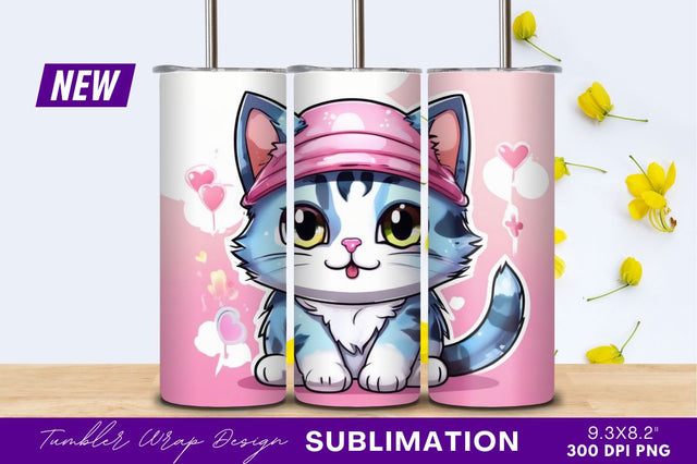 Cute cartoon cat with pink hat tumbler png Sublimation Regulrcrative 