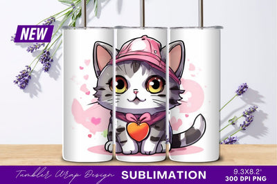 Cute Cartoon Cat With Pink Heart Tumbler Png Sublimation Regulrcrative 