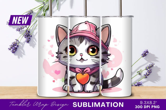 Cute Cartoon Cat With Pink Heart Tumbler Png Sublimation Regulrcrative 