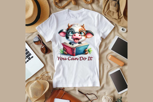 Cute Cartoon Cow whit book Clipart, You can do it, High Quality Digital Download SVG ButterflyCraftDigital 