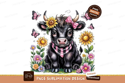 Cute Cartoon Cow With Flowers Illustration Sublimation Designangry 