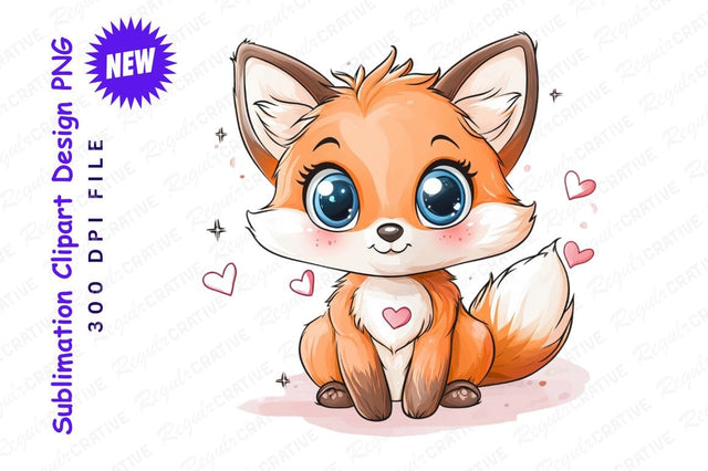 Cute Cartoon Fox With Hearts Clipart Png Sublimation Regulrcrative 