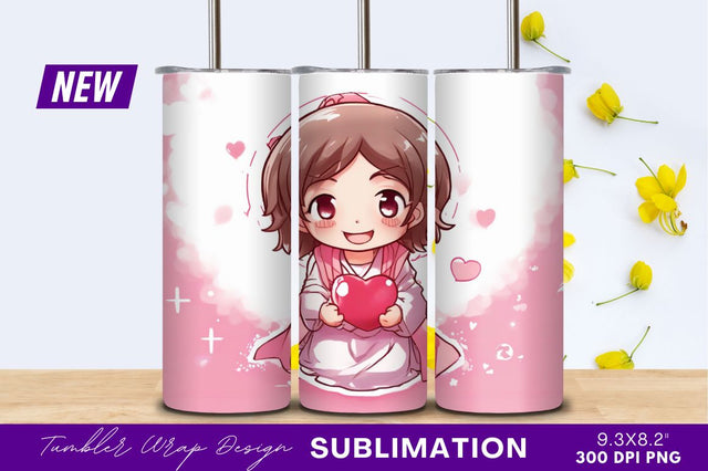Cute cartoon girl holding a heart tumbler png Sublimation Regulrcrative 