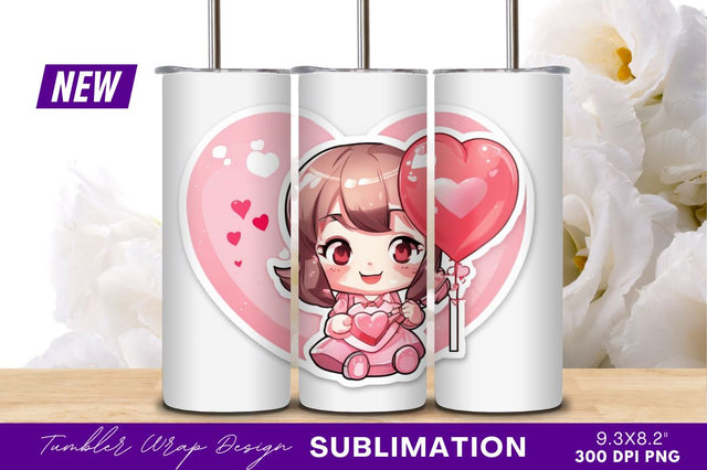 Cute cartoon girl holding heart balloon tumbler png Sublimation Regulrcrative 