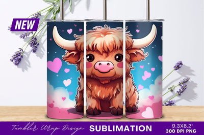 Cute cartoon highland cow with hearts Sublimation Regulrcrative 