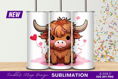 Cute cartoon highland cow with hearts tumbler png Sublimation Regulrcrative 