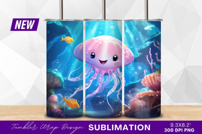 Cute cartoon jellyfish underwater scene tumbler png Sublimation Regulrcrative 