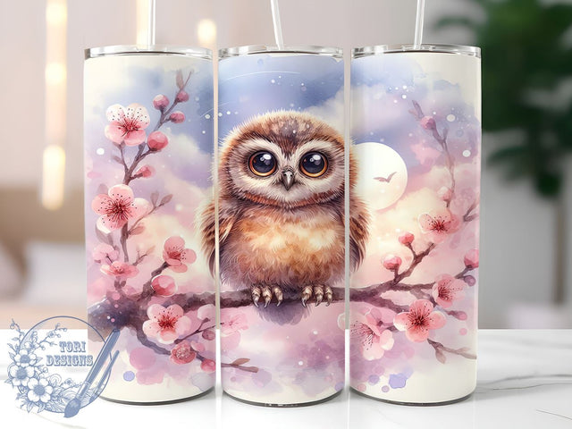 Cute Cartoon Owl on Branch 20oz Skinny Tumbler, Cute Owl Tumbler Png, Straight & Tapered Tumbler Wrap, Instant Digital Download Sublimation ToriDesigns 