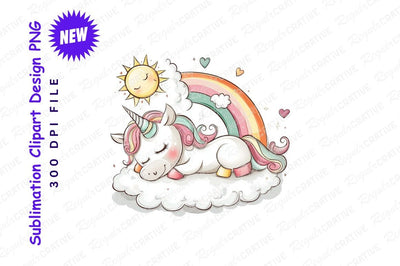 Cute Cartoon Unicorn Sleeping On Cloud With Rainbow And Sun Adorable Dreamy Illustration Sublimation Regulrcrative 