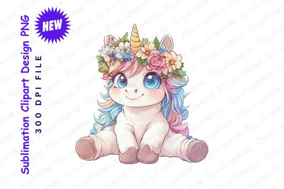 Cute Cartoon Unicorn With Flower Crown Clipart Png Sublimation Regulrcrative 