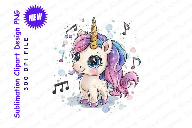 Cute Cartoon Unicorn With Music Notes Clipart Png Sublimation Regulrcrative 
