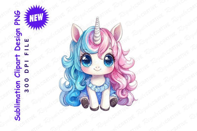 Cute Cartoon Unicorn With Pink And Blue Hair Sublimation Regulrcrative 