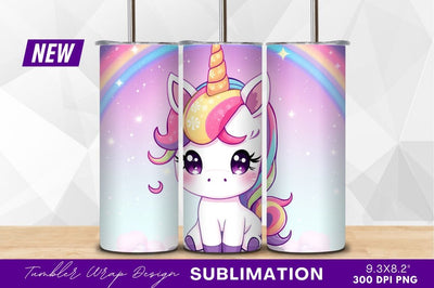 Cute cartoon unicorn with rainbow background tumbler png Sublimation Regulrcrative 