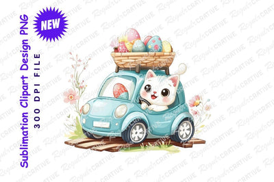 Cute cat drives easter egg car clipart png Sublimation Regulrcrative 