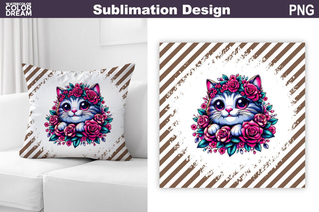 Cute Cat Floral Pillow Design | Kitty Roses Sublimation Sublimation WatercolorColorDream 