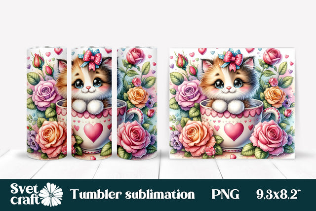 Cute cat flower tumbler PNG sublimation design Sublimation Svetana Studio 