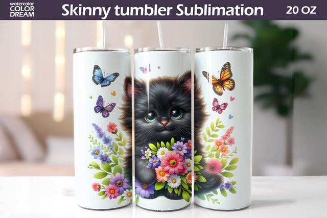Cute Cat Flowers Tumbler I Black Kitty Wildflowers Tumbler Sublimation WatercolorColorDream 