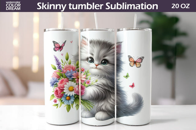 Cute Cat Flowers Tumbler I Fluffy Kitty Wildflowers Tumbler Sublimation WatercolorColorDream 