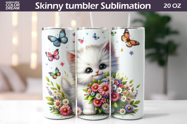 Cute Cat Flowers Tumbler I Kitty Wildflowers Tumbler Sublimation WatercolorColorDream 