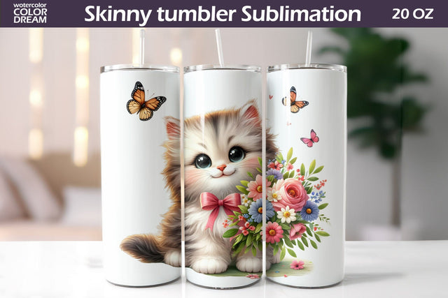 Cute Cat Flowers Tumbler I Kitty Wildflowers Tumbler Sublimation WatercolorColorDream 