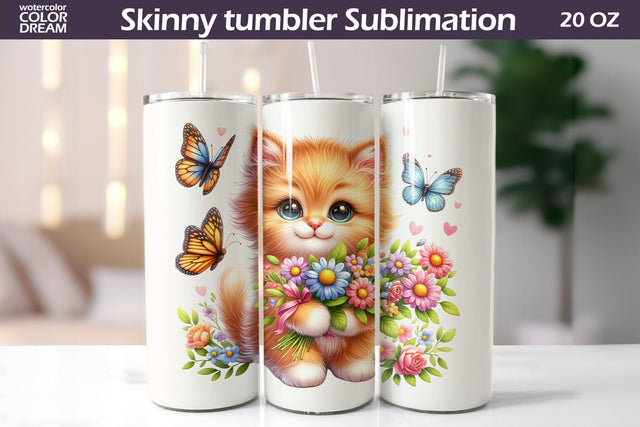 Cute Cat Flowers Tumbler I Orange Kitty Wildflowers Tumbler Sublimation WatercolorColorDream 