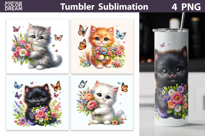 Cute Cat Flowers Tumbler Sublimation WatercolorColorDream 