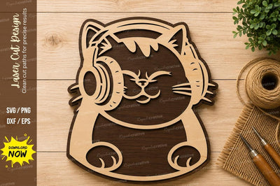Cute Cat Headphones Laser Cut SVG Design SVG Regulrcrative 