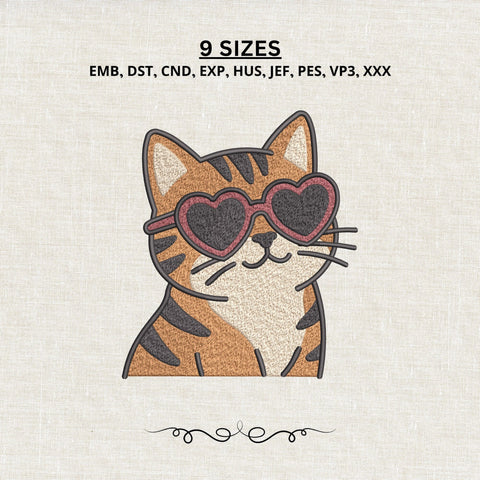 Cute Cat Heart Sunglasses Embroidery Design – Tabby Cat Machine Embroidery File, Cat Lover Valentine Design Embroidery/Applique DESIGNS PatternFeed8 