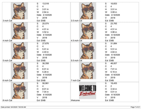Cute Cat Heart Sunglasses Embroidery Design – Tabby Cat Machine Embroidery File, Cat Lover Valentine Design Embroidery/Applique DESIGNS PatternFeed8 