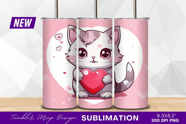 Cute cat holding heart valentines day tumbler png Sublimation Regulrcrative 