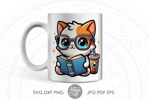 Cute cat reading book, cat reading art, Ice Coffee Cup Sublimation Artisan Craft SVG 