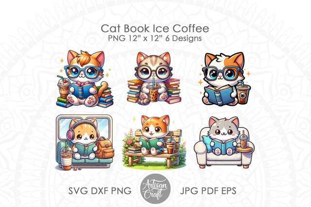 Cute cat reading book, cat reading art, Ice Coffee Cup Sublimation Artisan Craft SVG 