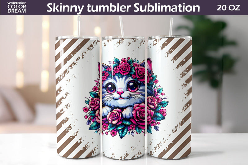 Cute Cat Roses Tumbler Wrap | Animal Floral Tumbler Sublimation Sublimation WatercolorColorDream 