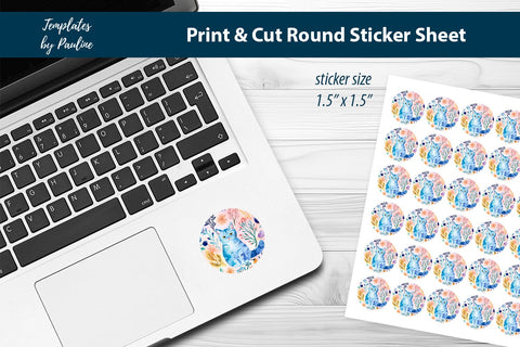 Cute Cat Round Sticker Sheet, Cute Cat Digital Sticker SVG Templates by Pauline 