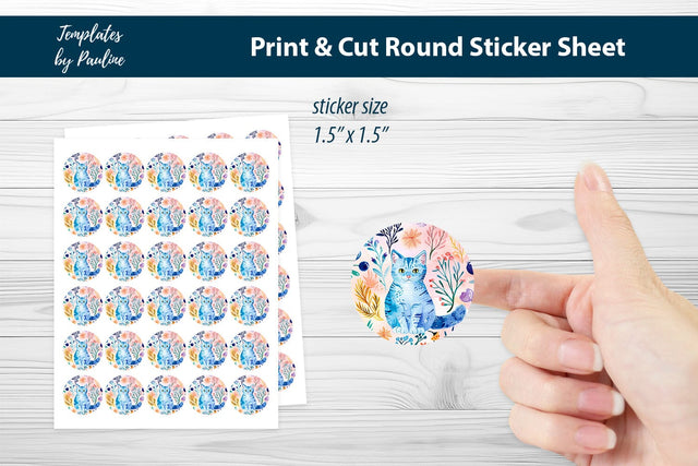 Cute Cat Round Sticker Sheet, Cute Cat Digital Sticker SVG Templates by Pauline 