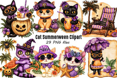 Cute Cat Summer ween Clipart Bundle. Sublimation SVGArt 