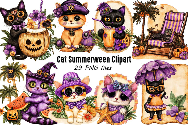 Cute Cat Summer ween Clipart Bundle. Sublimation SVGArt 