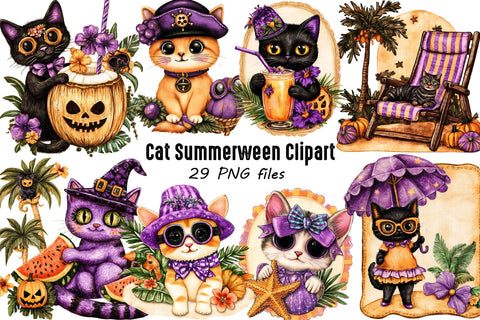 Cute Cat Summer ween Clipart Bundle. Sublimation SVGArt 