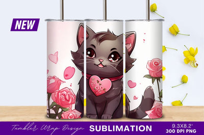 Cute cat with heart and roses tumbler png Sublimation Regulrcrative 