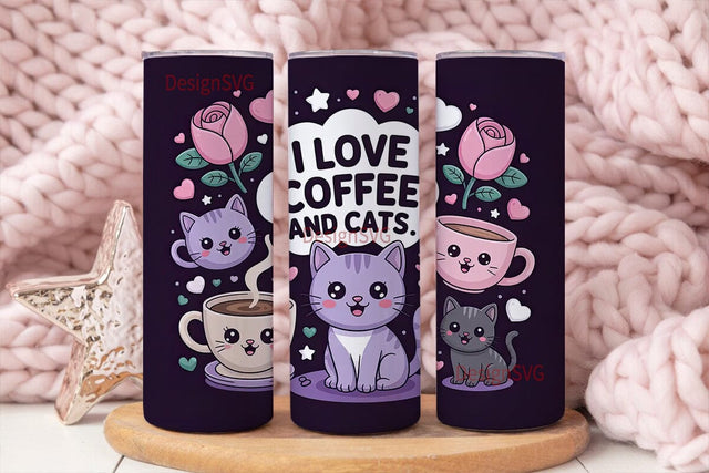 Cute Cats & Coffee 20oz Tumbler Wrap Sublimation DesignSVG 