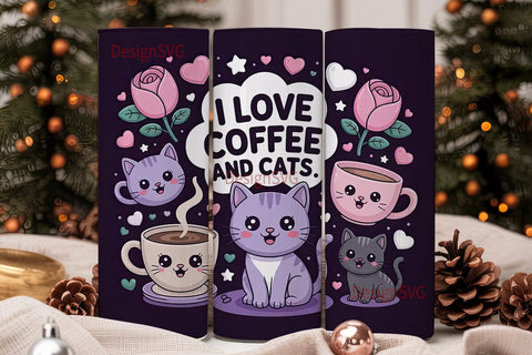 Cute Cats & Coffee 20oz Tumbler Wrap Sublimation DesignSVG 